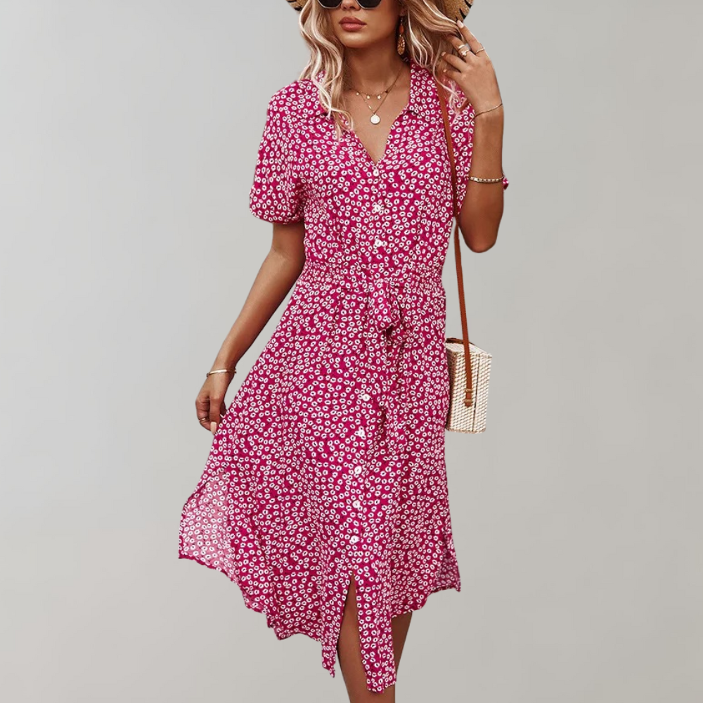 Avencea - Floral Midi Summer Dress with Short Sleeves for Women