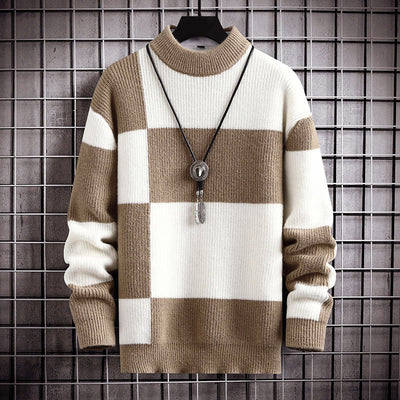 Men’s Checkered Pattern Sweater with Mock Neck Collar