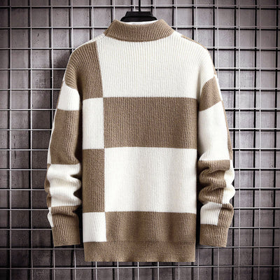 Men’s Checkered Pattern Sweater with Mock Neck Collar