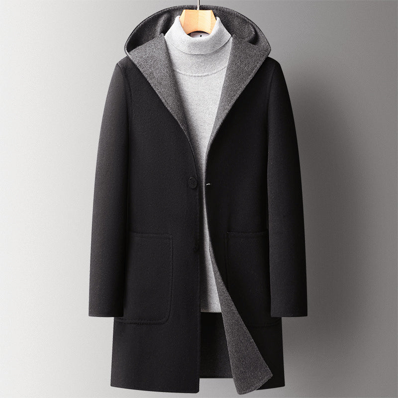 Men’s Double-Sided Wool Blend Overcoat with Hood