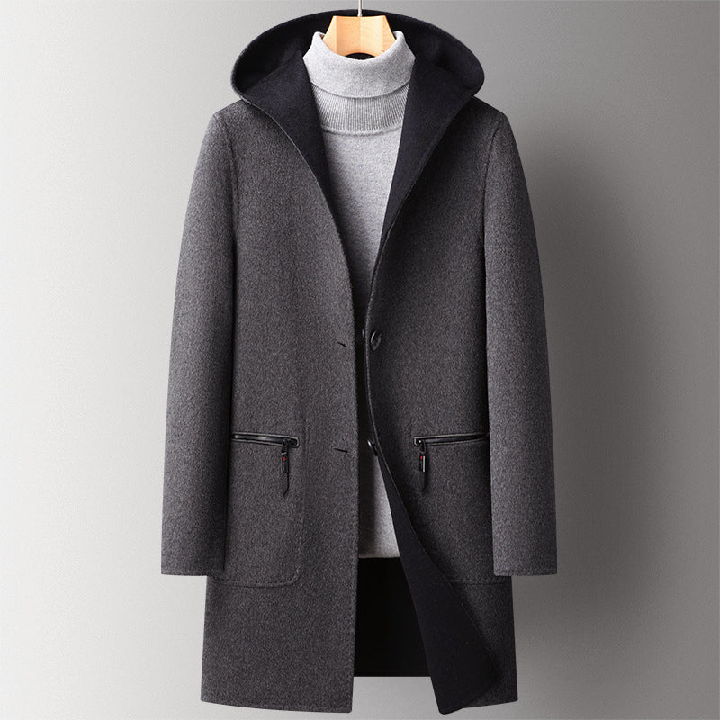 Men’s Double-Sided Wool Blend Overcoat with Hood