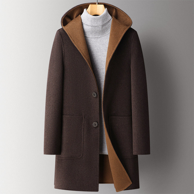 Men’s Double-Sided Wool Blend Overcoat with Hood