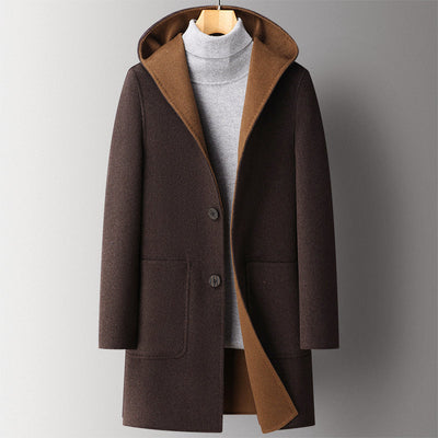Men’s Double-Sided Wool Blend Overcoat with Hood