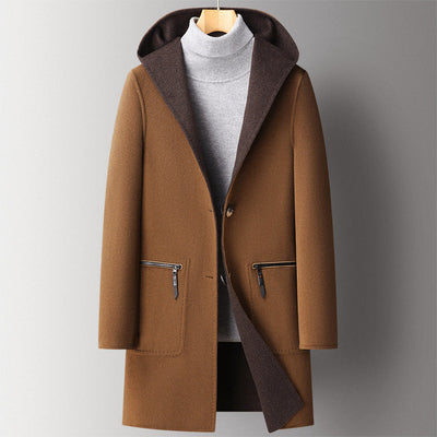 Men’s Double-Sided Wool Blend Overcoat with Hood