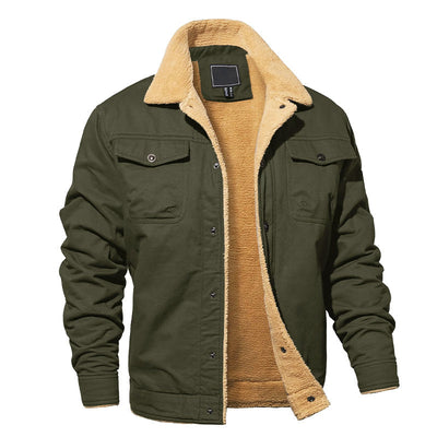 Men’s Fleece-Lined Cotton Cargo Jacket with Button-Up Closure