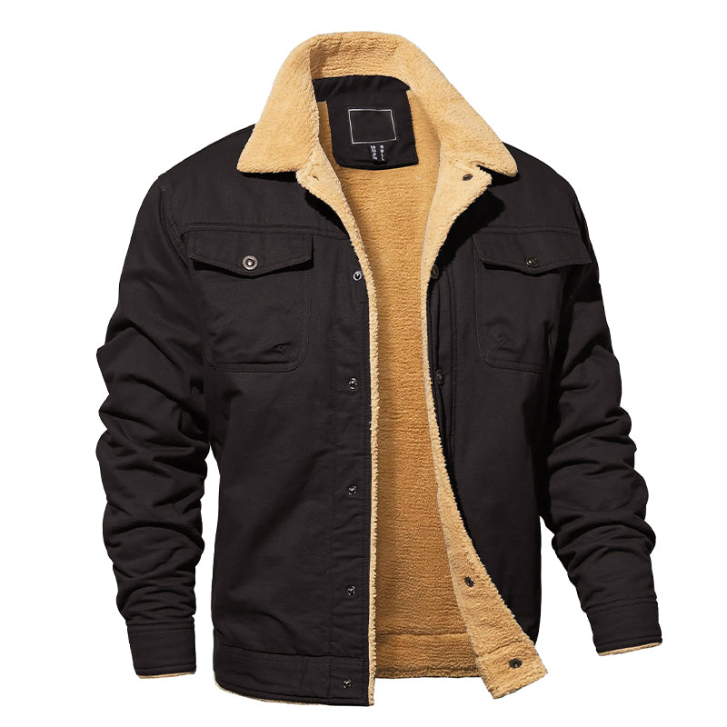 Men’s Fleece-Lined Cotton Cargo Jacket with Button-Up Closure