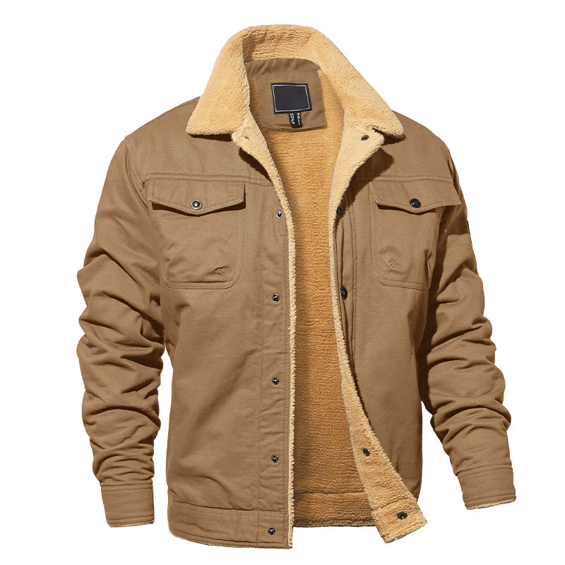 Men’s Fleece-Lined Cotton Cargo Jacket with Button-Up Closure
