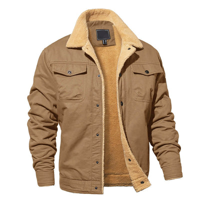 Men’s Fleece-Lined Cotton Cargo Jacket with Button-Up Closure
