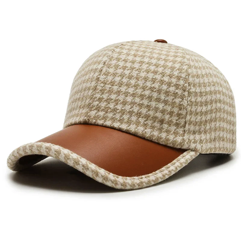 Men’s Houndstooth Hat with Faux Leather Accent