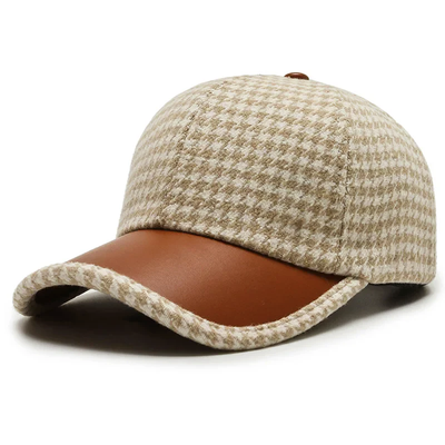Men’s Houndstooth Hat with Faux Leather Accent