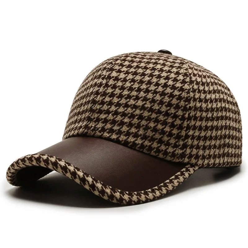 Men’s Houndstooth Hat with Faux Leather Accent