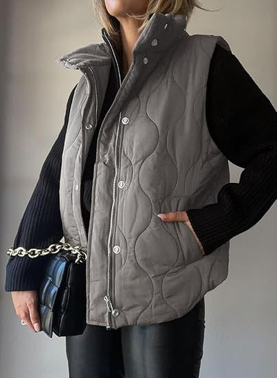 PAMMY™ - Classic Puffer Button Zip Up Collared Vest
