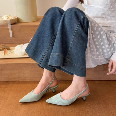 沉溺春日！仙草绿尖头高跟鞋女2025春季新款百搭后空绒面后空凉鞋