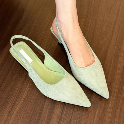 沉溺春日！仙草绿尖头高跟鞋女2025春季新款百搭后空绒面后空凉鞋