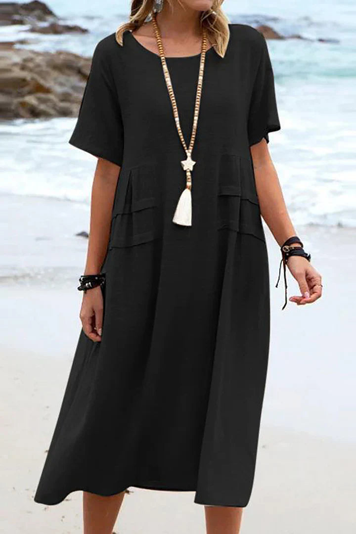 Avencea | Casual Dress with Short Sleeves and Round Neckline for Women - Modern, Loose Midi Dress Made of Cotton-Linen, Ideal for Weekends, Beach, and Everyday Wear