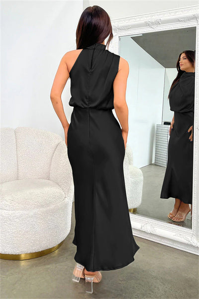 Elegant Long Satin Dress with Halter Neck
