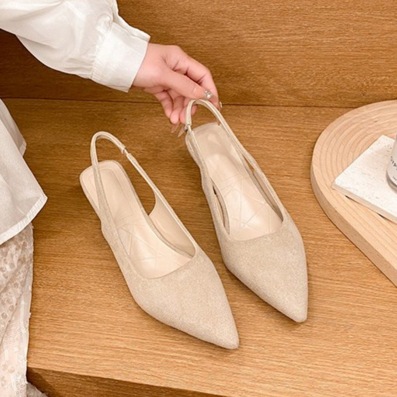 沉溺春日！仙草绿尖头高跟鞋女2025春季新款百搭后空绒面后空凉鞋