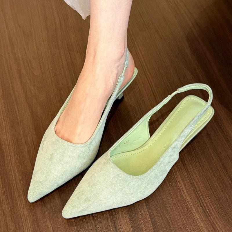 沉溺春日！仙草绿尖头高跟鞋女2025春季新款百搭后空绒面后空凉鞋