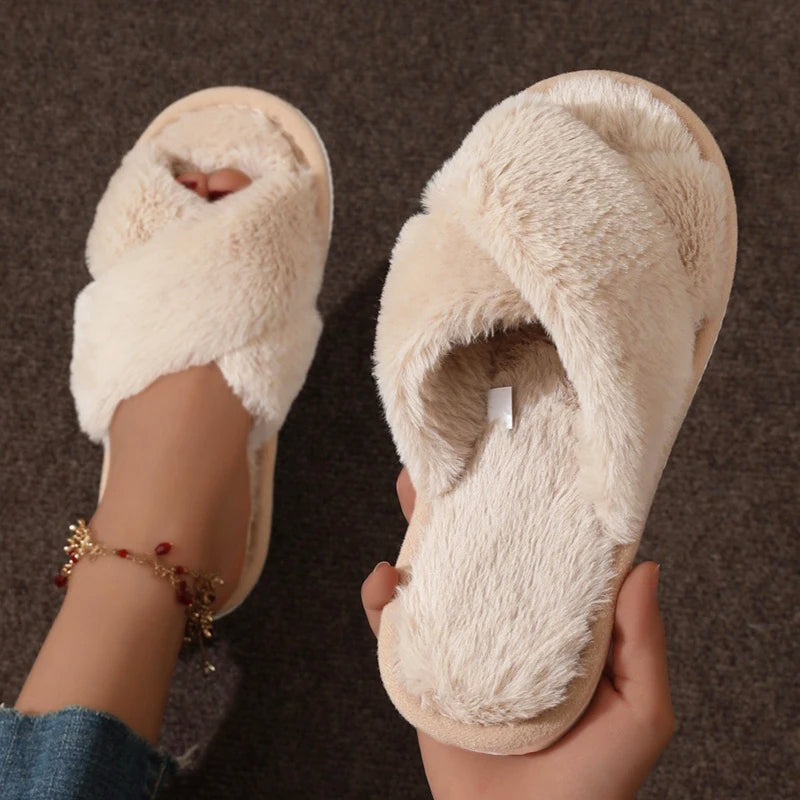 Open Toe Furry Slippers for Women with Flat Heel