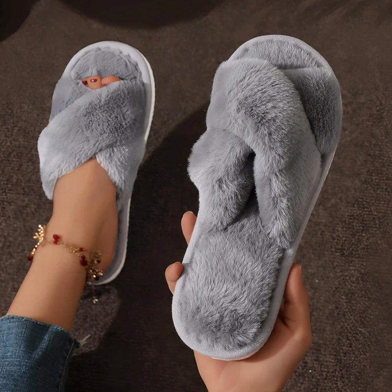 Open Toe Furry Slippers for Women with Flat Heel
