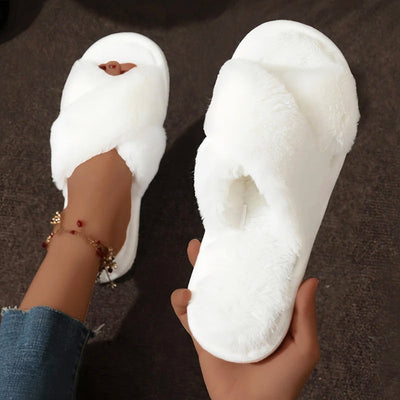 Open Toe Furry Slippers for Women with Flat Heel