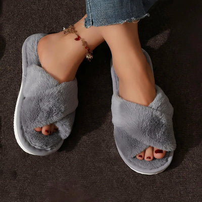 Open Toe Furry Slippers for Women with Flat Heel