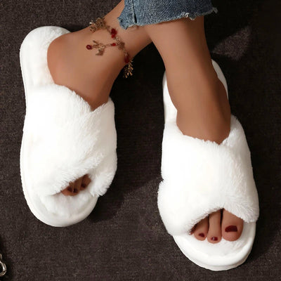 Open Toe Furry Slippers for Women with Flat Heel