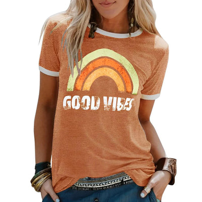 Avencea - Women's Casual Shirt with Rainbow Print and "Good Vibes" Inscription