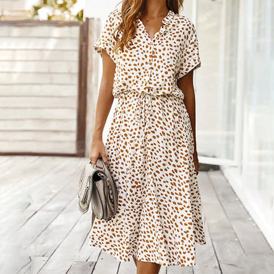 Avencea - Printed V-Neck Midi A-Line Dress with Dots and Regular Short Sleeves