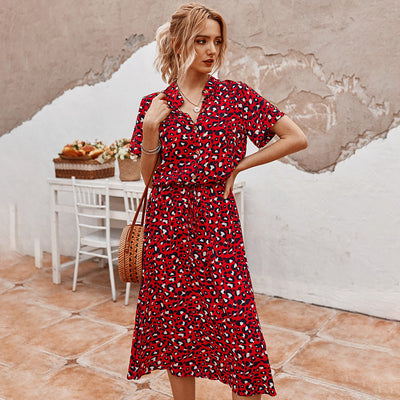 Avencea - Printed V-Neck Midi A-Line Dress with Dots and Regular Short Sleeves
