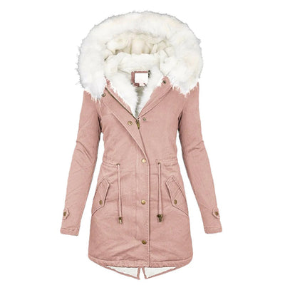 Avencea - Long winter coat with hood and fur collar for women