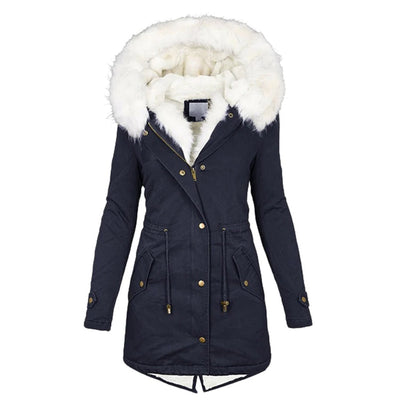 Avencea - Long winter coat with hood and fur collar for women