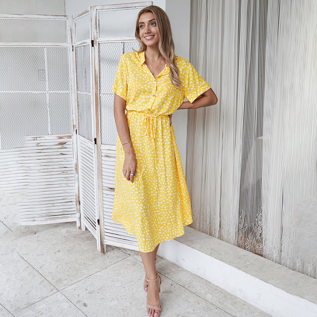 Avencea - Printed V-Neck Midi A-Line Dress with Dots and Regular Short Sleeves