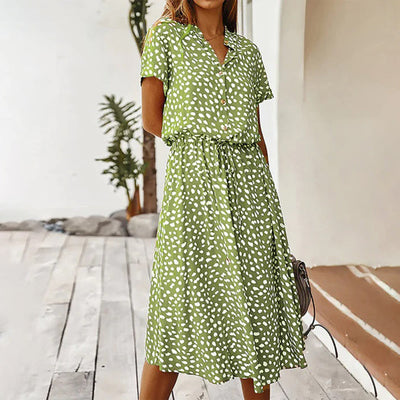 Avencea - Printed V-Neck Midi A-Line Dress with Dots and Regular Short Sleeves