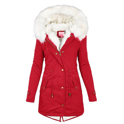 Avencea - Long winter coat with hood and fur collar for women