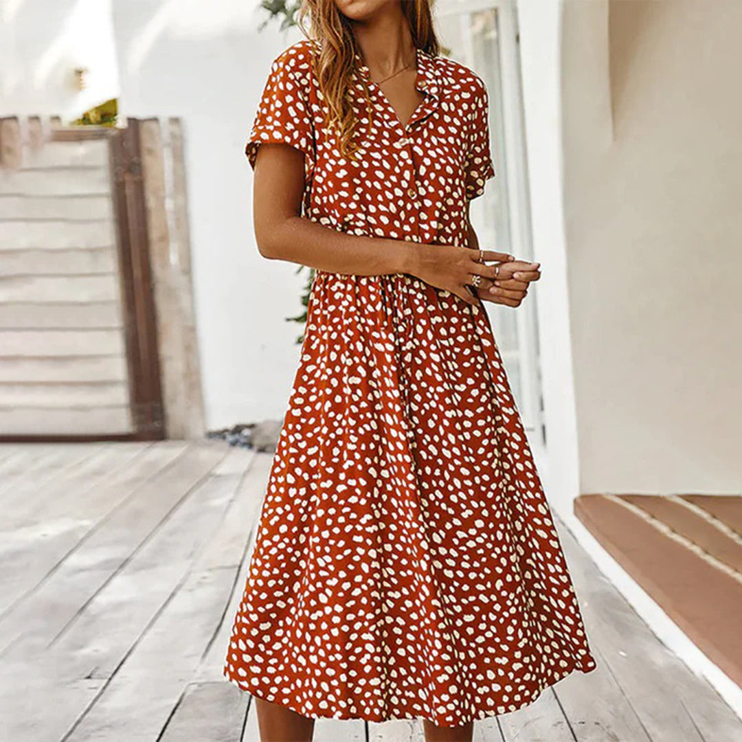 Avencea - Printed V-Neck Midi A-Line Dress with Dots and Regular Short Sleeves