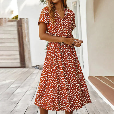 Avencea - Printed V-Neck Midi A-Line Dress with Dots and Regular Short Sleeves