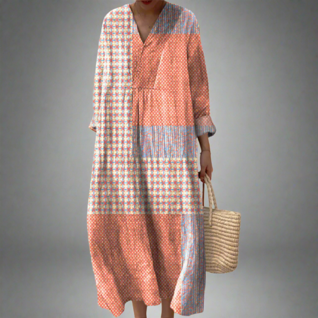 Nora | Coral Starburst Patchwork Midi Dress