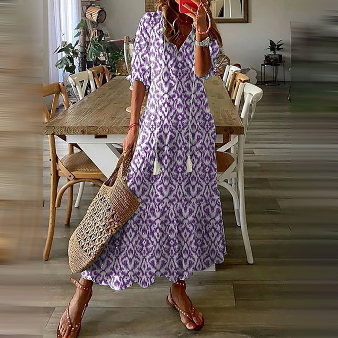 Avencea - Boho Maxi Dress - Vintage Inspired Prints in Blue, Green, Purple, Pink, and White