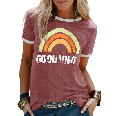 Avencea - Women's Casual Shirt with Rainbow Print and "Good Vibes" Inscription