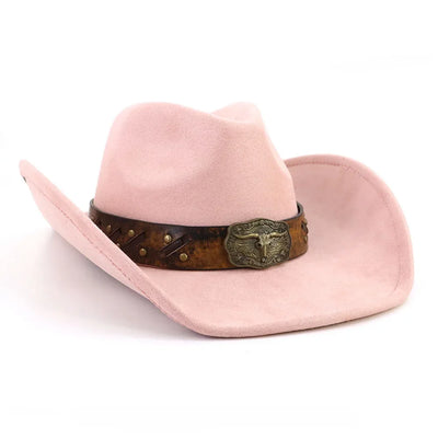Western Big Brim Cowboy Hat Bull's Head Leather Band Suede Top Hat Outdoor Mens Hats Ladies Party Horse Riding Cowgirl Hat