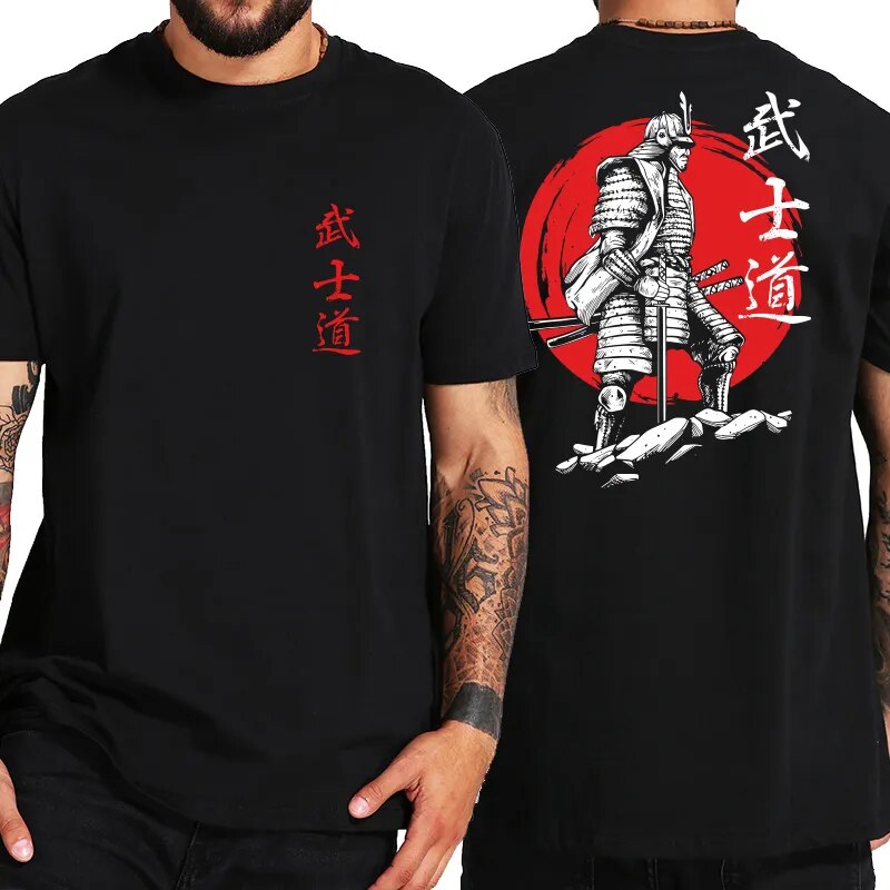 Japan Samurai Spirit T Shirts Japanese Style Back Print EU Size 100% Cotton Tops T-shirt Bushido Male Gifts Tee