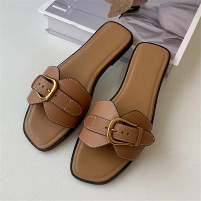 Slippers for Woman 2024 Summer Beach Flats Ladies Buckle Slides Gladiator Sandals Luxury Leather Mules Zapatos Mujer