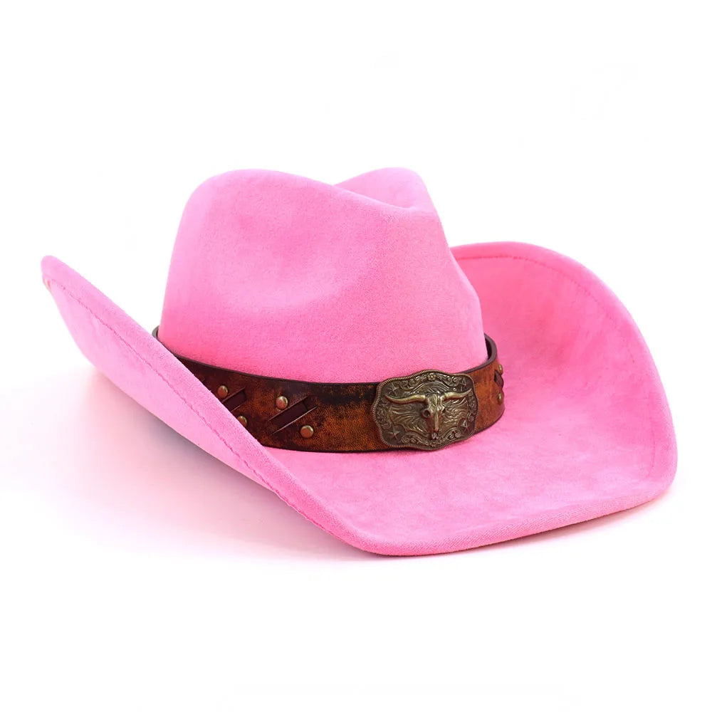 Western Big Brim Cowboy Hat Bull's Head Leather Band Suede Top Hat Outdoor Mens Hats Ladies Party Horse Riding Cowgirl Hat