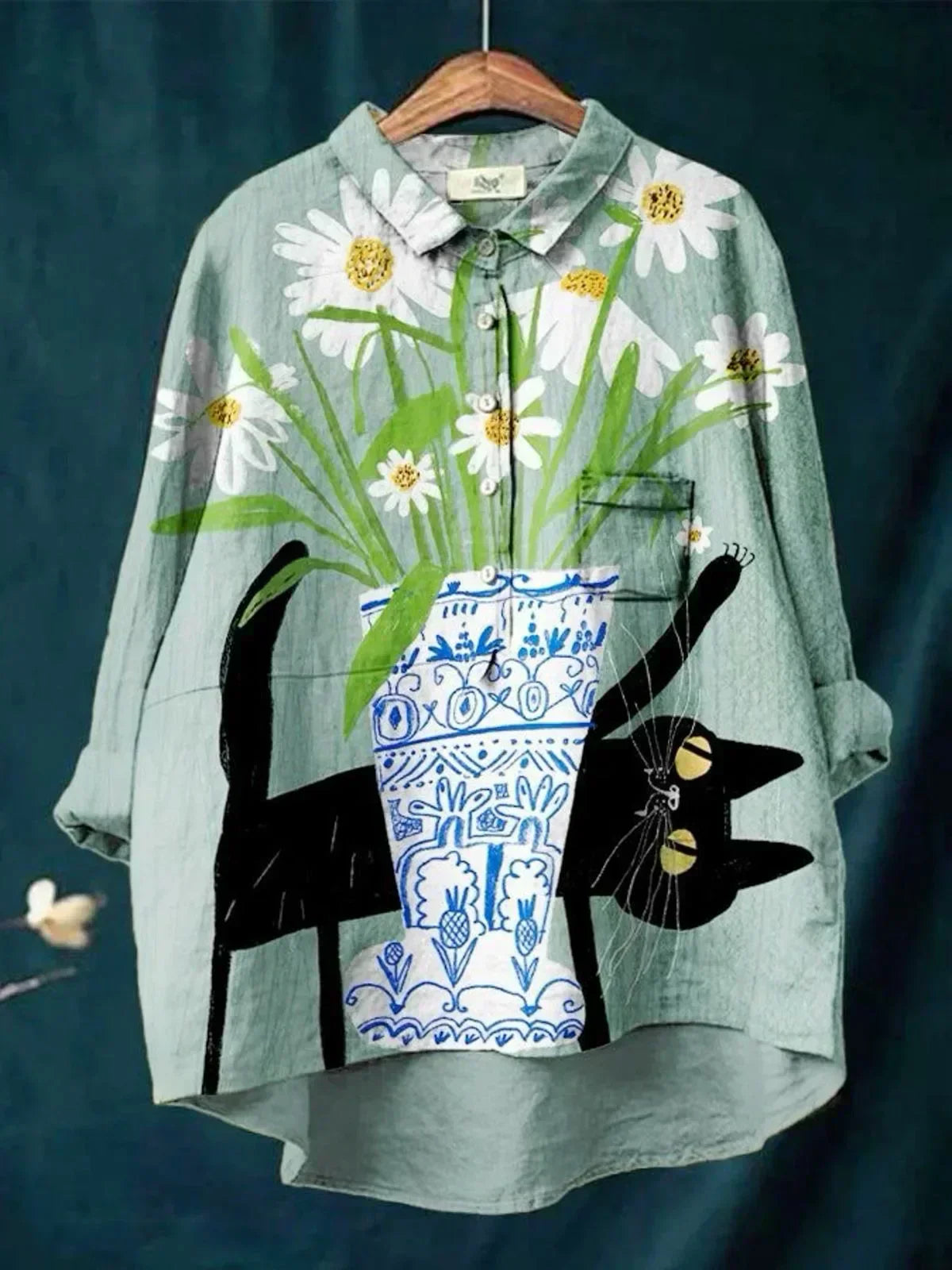 Elegant Blouse with Cat and Flower Print