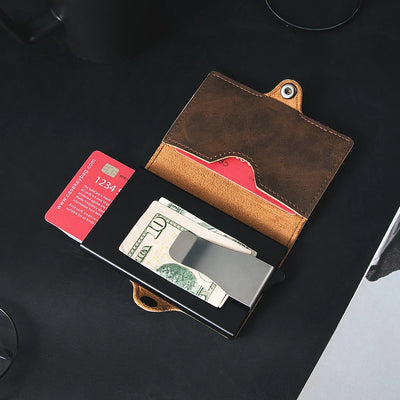Men’s RFID Blocking Pop-Up Card Wallet – Vintage Leather Slim Money Clip Holder