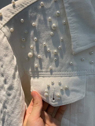 Avencea | Elegant Denim Jacket with Pearl Embellishments