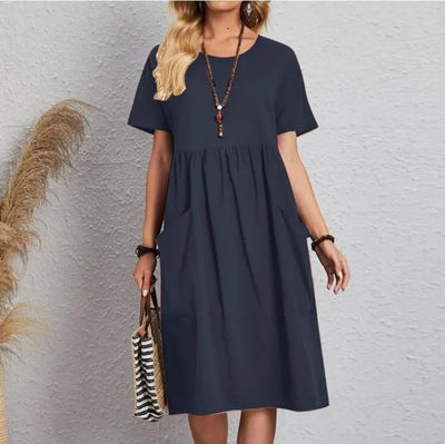 Mira | Navy Short-Sleeve Gathered Midi Dress