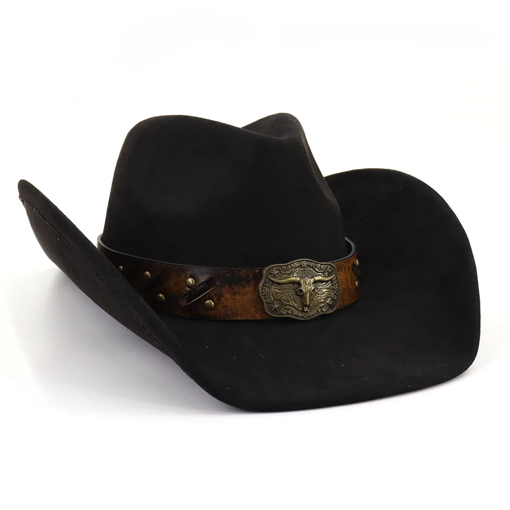 Western Big Brim Cowboy Hat Bull's Head Leather Band Suede Top Hat Outdoor Mens Hats Ladies Party Horse Riding Cowgirl Hat