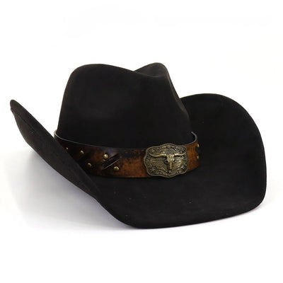 Western Big Brim Cowboy Hat Bull's Head Leather Band Suede Top Hat Outdoor Mens Hats Ladies Party Horse Riding Cowgirl Hat